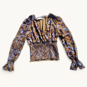 ASTR the Label Sheer Floral‎ Ruffle Blouse Puff Sleeve Smocked Waist L